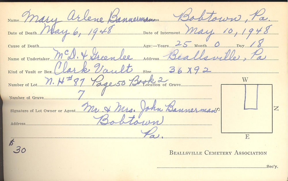 Mary Arlene Bannerman burial card